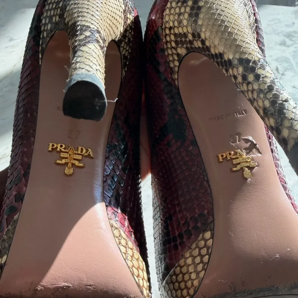 Prada Women's Burgundy and Beige Snakeskin Peep Toe Heels